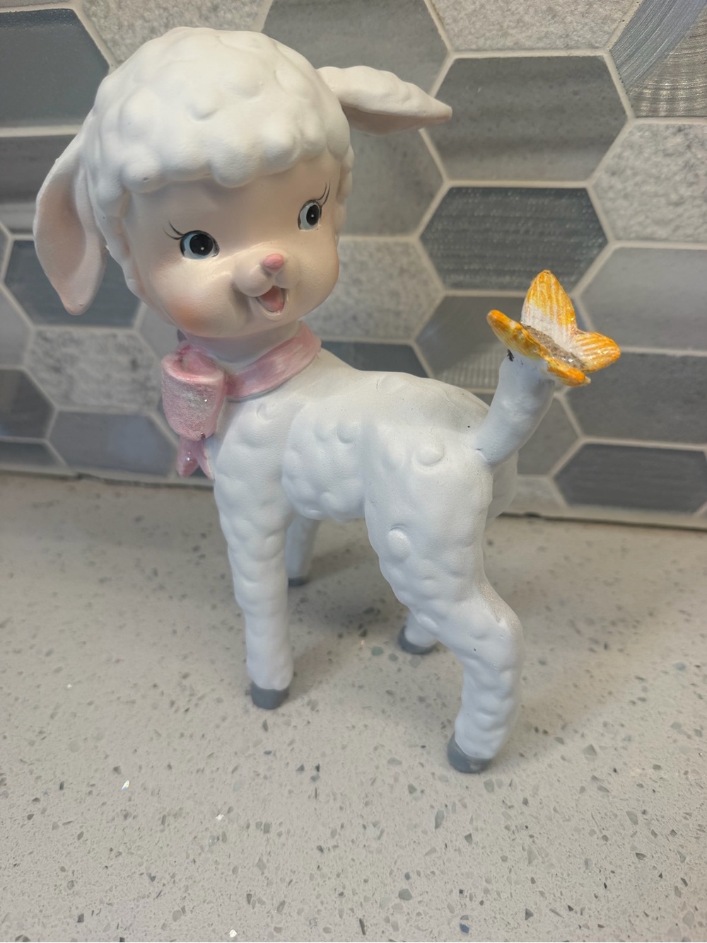Vintage-Inspired White Lamb Figurine with Pink Scarf and Yellow Butterfly